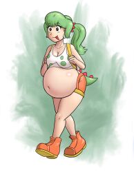 Rule 34 | 1girl, abstract background, backpack, bag, belly stuffing, breasts, brown eyes, dinosaur girl, earrings, female focus, front, full body, genderswap, green hair, green tail, huge breasts, inflation, jewelry, mario (series), nintendo, orange shoes, orange shorts, ponytail, saf-404, shorts, tail, thick thighs, thighs, tongue, tongue out, walking, white background, yoshi