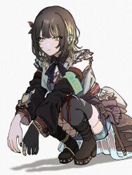 Rule 34 | 1girl, armband, bag, boots, brown hair, claw ring, closed mouth, iwawa, long sleeves, medium hair, simple background, solo, squatting, thighhighs, white background, yellow eyes