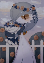 Rule 34 | 1girl, alternate color, blue bow, blue flower, blue hair, blue sky, blush, bob cut, bouquet, bow, bush, closed mouth, clothed pokemon, cloud, creatures (company), day, doll, female focus, fence, flower, from side, game freak, gardevoir, gen 3 pokemon, hair over one eye, happy, head wreath, highres, holding, holding bouquet, looking down, medium hair, muted color, nintendo, one eye covered, orange eyes, orange flower, orange rose, outdoors, picket fence, pokemon, pokemon (creature), rose, shicha (yagu), shiny pokemon, sky, smile, solo, standing, wooden fence