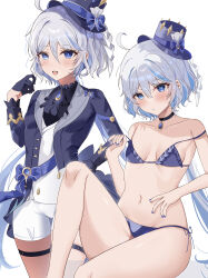 Rule 34 | 2girls, absurdres, ahoge, ascot, asymmetrical gloves, bikini, black ascot, black gloves, blue bikini, blue butterfly, blue eyes, blue hair, blue hat, blue jacket, breasts, bug, butterfly, commentary, furina (genshin impact), genshin impact, gloves, hair between eyes, hat, heterochromia, highres, insect, jacket, jewelry, light blue hair, long hair, long sleeves, looking at viewer, mismatched gloves, mismatched pupils, multicolored hair, multiple girls, navel, open mouth, rim (ririm711), shorts, small breasts, solo, stomach, swimsuit, top hat, white gloves, white hair, white shorts
