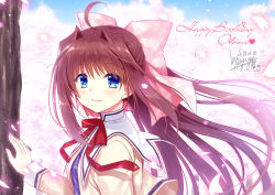 Rule 34 | 1girl, ahoge, asakura otome, blue dress, blue eyes, blue sky, blush, bow, bowtie, brown hair, cherry blossoms, commentary request, da capo, da capo ii, dated, dress, floating hair, hair between eyes, hair bow, happy birthday, jacket, long hair, long sleeves, looking at viewer, looking to the side, petals, pink bow, ryuuga shou, school uniform, serafuku, signature, sky, smile, solo, tree, yellow jacket