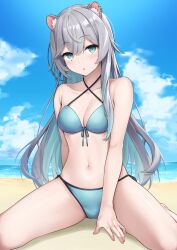 Rule 34 | 1girl, :o, absurdres, animal ears, aone ioru, beach, bikini, blue bikini, blue eyes, blue sky, blush, breasts, cleavage, cloud, collarbone, commentary request, commission, day, grey hair, hamster ears, hamster girl, henria, highres, indie virtual youtuber, long hair, looking at viewer, medium breasts, navel, ocean, outdoors, parted lips, sand, second-party source, sitting, skeb commission, sky, solo, swimsuit, virtual youtuber
