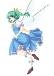 Rule 34 | 1girl, blue dress, blue hair, clothes lift, daiyousei, dress, dress lift, fairy, fairy wings, green eyes, green hair, hair ribbon, isaki (gomi), looking at viewer, matching hair/eyes, open mouth, pointy ears, puffy short sleeves, puffy sleeves, ribbon, shirt, short sleeves, side ponytail, simple background, smile, solo, touhou, white background, wings