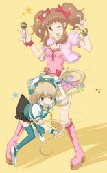 Rule 34 | 10s, 2girls, beret, blonde hair, blue thighhighs, boots, bow, bracelet, brown eyes, brown hair, cable, cropped jacket, dress, frills, futaba anzu, hair bow, hair ornament, hat, hat bow, heart, height difference, high heels, highres, holding, idolmaster, idolmaster cinderella girls, jewelry, knee boots, long hair, low twintails, m/, microphone, moroboshi kirari, multiple girls, necklace, necktie, one eye closed, puffy sleeves, shoes, short hair, short twintails, simple background, skirt, star (symbol), star hair ornament, striped, thighhighs, tomason, twintails, vertical stripes, vest, wink, wrist cuffs, yellow background, zettai ryouiki