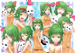 Rule 34 | 6+girls, :o, ;d, ^ ^, bad id, bad pixiv id, bare shoulders, belt, breasts, cleavage, closed eyes, collar, collarbone, dress, closed eyes, flower, goggles, goggles on head, green eyes, green hair, grin, gumi, hair flower, hair ornament, heart, highres, holding, juu mensou (vocaloid), looking at viewer, mask, multiple girls, multiple views, one eye closed, open mouth, short hair, smile, tokumaro, vocaloid, wink
