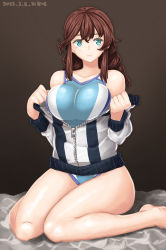 Rule 34 | 1girl, absurdres, alternate costume, bare legs, blue one-piece swimsuit, braid, breast press, breasts, brown background, brown hair, collarbone, competition swimsuit, dated, floor, green eyes, hair between eyes, highres, jacket, kantai collection, large breasts, lips, long hair, long sleeves, noshiro (kancolle), notchi, one-piece swimsuit, open clothes, open jacket, signature, sitting, solo, stone floor, swimsuit, twin braids, wariza, white jacket, white one-piece swimsuit, zipper