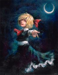 Rule 34 | 1girl, :d, blonde hair, crescent moon, dark, darkness, frilled skirt, frills, hair ribbon, johnalay, lips, moon, oil painting (medium), open mouth, painting (medium), red eyes, ribbon, rumia, shirt, short hair, skirt, smile, solo, touhou, traditional media, vest