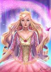 Rule 34 | 1girl, anneliese (barbie), aurora, barbie (character), barbie (franchise), barbie as the princess and the pauper, barbie movies, blonde hair, blue eyes, breasts, bug, butterfly, choker, cleavage, corset, crown, curly hair, dress, flower, formal, frilled dress, frills, glitter, gown, hand up, insect, kccassandra, pink dress, princess and the pauper, purple background, red lips, rose, solo, sparkle, tiara