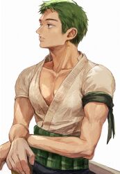 Rule 34 | 1boy, commentary request, earrings, green eyes, green hair, highres, jewelry, katana, looking to the side, oekakiboya, one piece, one piece (live action), roronoa zoro, shirt, short hair, simple background, solo, standing, sword, weapon, white background