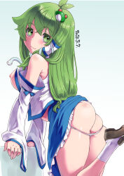 Rule 34 | 1girl, ass, blue background, blue bow, blue skirt, blush, body blush, bow, breasts, brown footwear, closed mouth, collared shirt, commentary request, detached sleeves, foot out of frame, frilled skirt, frills, frog hair ornament, gradient background, green eyes, green hair, hair between eyes, hair ornament, kei jiei, kochiya sanae, large breasts, long hair, looking at viewer, nipples, open clothes, open shirt, panties, panty pull, shiny skin, shirt, shoes, sidelocks, single hair tube, skirt, sleeve bow, sleeveless, sleeveless shirt, smile, snake hair ornament, socks, solo, touhou, underwear, white background, white panties, white shirt, white sleeves, white socks, wide sleeves