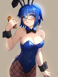 Rule 34 | 1girl, animal ears, artist request, blue eyes, blue hair, blue leotard, breasts, ciel (tsukihime), cleavage, detached collar, wrist cuffs, eating, fake animal ears, fishnet pantyhose, fishnets, food, glasses, highres, kagetsu tooya, leotard, medium breasts, melty blood, pantyhose, playboy bunny, short hair, solo, standing, strapless, strapless leotard, tagme, tsukihime