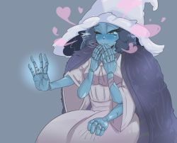 Rule 34 | 1girl, blue eyes, blue hair, blue skin, blush, cape, colored skin, doll joints, dress, elden ring, extra arms, fur cape, hand to own mouth, hat, heart, jewelry, joints, ornate ring, ranni the witch, ring, spoken heart, squee, user mywz5778, wedding ring, white dress, witch hat
