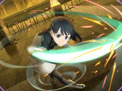 Rule 34 | 1girl, augma, black hair, black pantyhose, black sleeves, blue eyes, boots, closed mouth, dress, dutch angle, full body, game cg, hair ornament, hairclip, holding, holding sword, holding weapon, kirigaya suguha, leaning forward, looking at viewer, motion blur, pantyhose, short dress, short hair, smile, solo, standing, sword, sword art online, sword art online: alicization rising steel, weapon, white dress, white footwear
