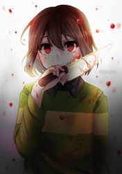 Rule 34 | androgynous, artist name, blood, blood on clothes, blood on face, blood on hands, bloody knife, bloody weapon, brown hair, chara (undertale), collared shirt, covering own mouth, gender request, gradient background, grin, knife, looking at viewer, red eyes, shirt, simple background, smile, solo, spoilers, striped clothes, striped sweater, sweater, teeth, tsuki gesshoku, undertale, upper body, weapon