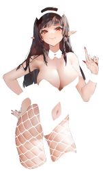 Rule 34 | 1girl, artist request, bare shoulders, breasts, brown hair, cleavage, detached collar, fishnets, highres, large breasts, leotard, long hair, looking at viewer, navel, playboy bunny, pointy ears, rabbit tail, red eyes, simple background, smile, solo, source request, tagme, white background