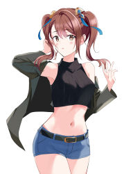 Rule 34 | 1girl, arm up, armpits, bare shoulders, beatrix (granblue fantasy), belt, black jacket, black shirt, blue shorts, breasts, brown eyes, brown hair, cowboy shot, crop top, denim, denim shorts, granblue fantasy, hair ornament, hand up, highres, jacket, long hair, looking at viewer, medium breasts, midriff, navel, nonbire, off shoulder, open clothes, open jacket, parted lips, ribbed shirt, shirt, short shorts, shorts, sidelocks, simple background, sleeveless, sleeveless shirt, solo, standing, stomach, thighs, twintails, white background