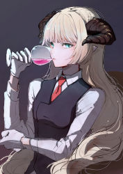 Rule 34 | 1girl, absurdres, alcohol, alternate costume, aqua eyes, arknights, black vest, blonde hair, blunt bangs, collared shirt, cup, dark background, drink, drinking, drinking glass, eyebrows hidden by hair, gloves, highres, holding, holding cup, horns, long hair, long sleeves, necktie, nightingale (arknights), parted lips, red necktie, red wine, shirt, solo, upper body, very long hair, vest, white gloves, white shirt, wine, wine glass, ying (ying8173)