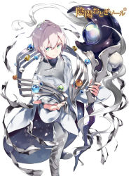 Rule 34 | 1boy, boots, cape, closed mouth, green eyes, highres, kiya machi, long sleeves, looking to the side, male focus, official art, orb, otogi:spirit agents, pants, scarf, short hair, smile, solo, staff, stella:argo navis, white background, white hair