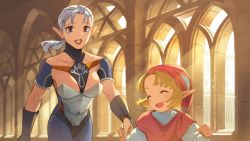 Rule 34 | 2girls, :d, armor, blanco026, blonde hair, breastplate, closed eyes, collarbone, commentary request, day, grey hair, highres, holding hands, impa, indoors, multiple girls, nintendo, open mouth, pink headwear, pointy ears, ponytail, princess zelda, red lips, smile, teeth, the legend of zelda, the legend of zelda: ocarina of time, tunic, young zelda