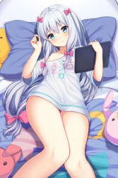 Rule 34 | 10s, 1girl, 3:, bare legs, blue eyes, blush, bow, breasts, clothes writing, drawing tablet, eromanga sensei, hair bow, highres, holding, holding pen, izumi sagiri, knees together feet apart, long hair, looking at viewer, lying, naked shirt, off shoulder, on bed, pen, pillow, pink bow, qunqing, shirt, silver hair, small breasts, solo, stuffed toy, stylus, very long hair