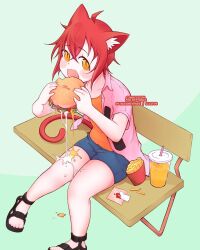 Rule 34 | 1boy, ahoge, animal ears, artist name, bare legs, bench, black footwear, blue shorts, blush, burger, burger malfunction, cat boy, cat ears, cat tail, commission, cup, dripping, eating, food, french fries, highres, looking at viewer, messy, moodrevenge, open mouth, orange shirt, original, pink shirt, red hair, sandals, shirt, short hair, short sleeves, shorts, slit pupils, solo, tail, toes, trap, yellow eyes