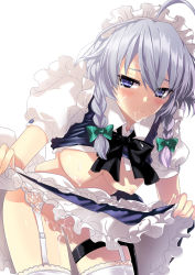 Rule 34 | 1girl, ahoge, apron, bent over, black bow, black bowtie, blue eyes, blush, bow, bowtie, braid, breasts, clothes lift, cowboy shot, cum, cum on body, cum on breasts, cum on lower body, cum on upper body, dress, dress lift, facial, garter belt, green bow, hair bow, hanging breasts, holster, izayoi sakuya, lace, lace-trimmed legwear, lace trim, leaning forward, lingerie, looking at viewer, maid, maid apron, maid headdress, nipples, no bra, no panties, puffy short sleeves, puffy sleeves, shirt lift, short sleeves, silver hair, skirt, skirt lift, solo, sweat, tareme, tears, thigh holster, thigh strap, thighhighs, touhou, twin braids, underwear, waist apron, white thighhighs, yuki (127)