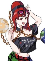 Rule 34 | 1girl, :d, arm up, bare arms, bare shoulders, chain, commentary request, contrapposto, eyewear on head, gold chain, hecatia lapislazuli, midriff, navel, off-shoulder shirt, off shoulder, oftooon, open mouth, red eyes, red hair, shade, shirt, simple background, smile, solo, touhou, upper body, white background