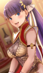 Rule 34 | 1girl, alternate hairstyle, aoba (smartbeat), blue eyes, blunt bangs, blush, breasts, china dress, chinese clothes, cleavage cutout, clothing cutout, commentary request, cross, double bun, dress, ear piercing, fate/grand order, fate (series), hair bun, hair ornament, hair ribbon, heroic spirit traveling outfit, highres, indoors, large breasts, long hair, looking at viewer, martha (fate), martha (traveling outfit) (fate), official alternate costume, open clothes, piercing, purple hair, ribbon, sleeveless, sleeveless dress, smile, solo, twintails, white ribbon