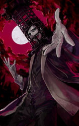 Rule 34 | 1boy, black hair, bloodborne, buttons, cage, cloud, coat, collar, dress shirt, grey eyes, headgear, highres, laughing, male focus, micolash host of the nightmare, moon, necktie, open mouth, purple sky, red clouds, shirt, sky, solo, suzunashi, teeth