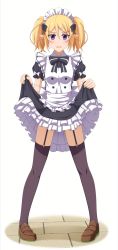 Rule 34 | 1girl, apron, black thighhighs, blonde hair, blush, brown footwear, chloe (princess connect!), clothes lift, dress, elf, garter straps, hair between eyes, highres, ishida seito, lifting own clothes, loafers, maid, maid headdress, pigeon-toed, pointy ears, princess connect!, purple eyes, shoes, short sleeves, simple background, skirt, skirt lift, standing, thighhighs, white background