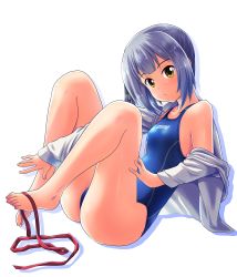 Rule 34 | 1girl, absurdres, alternate costume, arena (company), barefoot, blue one-piece swimsuit, brown eyes, clothes lift, competition swimsuit, dress, dress lift, feet, flat chest, full body, highres, kantai collection, kasumi (kancolle), long hair, long sleeves, looking at viewer, one-piece swimsuit, red ribbon, ribbon, side ponytail, silver hair, simple background, solo, striped clothes, striped one-piece swimsuit, swimsuit, tennouji masamichi, toes, white background