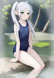 Rule 34 | 1girl, blue one-piece swimsuit, breasts, commentary request, covered navel, earrings, elf, feet out of frame, forest, frieren, green eyes, highres, jewelry, long hair, nature, neopure, old school swimsuit, one-piece swimsuit, pointy ears, rock, school swimsuit, small breasts, soaking feet, solo, sousou no frieren, swimsuit, twintails, white hair
