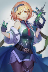 Rule 34 | 1girl, blonde hair, breasts, cleavage, collarbone, djeeta (granblue fantasy), dress, gloves, granblue fantasy, gun, hairband, highres, holding, holding gun, holding weapon, leather, leather gloves, looking at viewer, medicine, medium breasts, potion, short hair, simple background, solo, test tube, vial, weapon, yzumyy