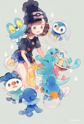 Rule 34 | &gt; &lt;, 1girl, :&lt;, :d, ^ ^, bag, beanie, black hat, blue footwear, brown eyes, brown hair, bubble, carrying, closed eyes, commentary request, creatures (company), fangs, floral print, flying sweatdrops, froakie, game freak, gen 1 pokemon, gen 2 pokemon, gen 3 pokemon, gen 4 pokemon, gen 5 pokemon, gen 6 pokemon, gen 7 pokemon, grey background, hat, kneeling, mudkip, nintendo, open mouth, oshawott, pechika, piggyback, piplup, poke ball symbol, pokemon, pokemon (creature), pokemon sm, popplio, selene (pokemon), shell, shirt, shoes, short hair, short sleeves, shorts, shoulder bag, smile, squirtle, tied shirt, totodile, towel, twitter username, water drop