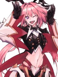Rule 34 | 1boy, animal ears, armor, armored dress, astolfo (fate), astolfo (saber) (fate), black bow, black gloves, black legwear, black ribbon, bow, bowtie, dress, fate/grand order, fate (series), gloves, hair bow, hair intakes, hair ornament, hair ribbon, happy, highres, long hair, long sleeves, looking at viewer, low twintails, male focus, midriff, momomogeta, multicolored hair, one eye closed, open mouth, pink hair, purple eyes, rabbit ears, rabbit hair ornament, ribbon, simple background, smile, solo, streaked hair, trap, twintails, upper body, white background