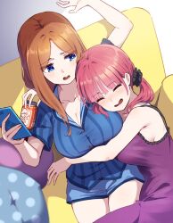 Rule 34 | 2girls, blue eyes, blush, breasts, brown hair, can, cellphone, closed eyes, couch, go-toubun no hanayome, highres, hyoe (hachiechi), large breasts, multiple girls, nakano miku, nakano nino, open mouth, phone, pink hair, siblings, sisters, smartphone, smile
