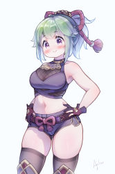Rule 34 | 1girl, :&gt;, absurdres, bare arms, bare shoulders, blue background, blush, breasts, commentary request, cowboy shot, crop top, fishnets, genshin impact, gloves, green hair, highres, kuki shinobu, laugh scorpion, looking at viewer, medium breasts, midriff, navel, ponytail, purple eyes, purple shirt, purple shorts, shirt, short hair, short shorts, shorts, sidelocks, signature, simple background, skindentation, sleeveless, sleeveless shirt, smile, solo, standing, stomach, thighhighs, thighs
