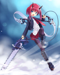 Rule 34 | 1girl, armor, black pantyhose, boots, chainsaw, fang, horns, leg up, leggings, looking at viewer, miniskirt, necktie, open mouth, original, pantyhose, plaid, plaid skirt, pleated skirt, poco (asahi age), red hair, red necktie, short hair, skirt, solo