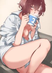 Rule 34 | 1girl, absurdres, blush, bottomless, breasts, brown hair, couch, cup, feet out of frame, highres, higuchi madoka, holding, holding cup, idolmaster, idolmaster shiny colors, knee up, looking at viewer, medium breasts, mole, mole under eye, mug, naked shirt, nipple slip, nipples, on couch, oversized clothes, oversized shirt, shion1350, shirt, simple background, sitting, solo, steam, white background, white shirt