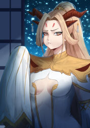 Rule 34 | 1girl, absurdres, blonde hair, breasts, brown horns, closed mouth, clothing cutout, commentary, cowboy shot, detached sleeves, dress, english commentary, forehead tattoo, gem, gold trim, hair ornament, hand up, highres, horns, indie virtual youtuber, lnw neuatong, long hair, looking at viewer, medium breasts, multiple horns, ponytail, puffy cheeks, red gemstone, s sense, short sleeves, sidelocks, sleeves past fingers, sleeves past wrists, solo, stomach cutout, tassel, underboob cutout, very long hair, virtual youtuber, white dress, white sleeves, wide sleeves, yellow eyes