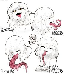 Rule 34 | 1girl, closed eyes, drinking straw, highres, licking, looking at viewer, monster girl, one eye closed, original, saliva, drooling, simple background, solo, tempura person, tentacle tongue, tentacles, tongue, white background, yellow eyes