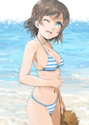 Rule 34 | 10s, 1girl, :d, bare arms, beach, bikini, blue eyes, breasts, brown hair, cleavage, collarbone, halterneck, hat, highres, holding, holding clothes, holding hat, kntrs (knyrs), looking at viewer, love live!, love live! sunshine!!, medium breasts, navel, one eye closed, open mouth, outdoors, short hair, sideboob, smile, solo, sparkle, striped bikini, striped clothes, sun hat, swimsuit, teeth, unworn hat, unworn headwear, upper teeth only, watanabe you, water, waves, | |