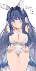 Rule 34 | animal ears, arknights, astesia (arknights), blue eyes, blue hair, bodysuit, bodysuit pull, breasts, chunta, claw pose, cleavage, collarbone, commission, covered navel, highres, large breasts, leotard, light blush, light smile, looking at viewer, playboy bunny, rabbit ears, shiny skin, skeb commission, thighs, white background, wide hips