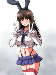 Rule 34 | 1girl, black hairband, black neckerchief, black panties, blue sailor collar, blue skirt, blunt bangs, breasts, brown eyes, brown hair, cosplay, cowboy shot, crop top, double v, elbow gloves, embarrassed, girls und panzer, gloves, hairband, highleg, highleg panties, highres, kamishima kanon, kantai collection, large breasts, long hair, looking at viewer, mature female, microskirt, navel, neckerchief, nishizumi shiho, panties, pleated skirt, sailor collar, shimakaze (kancolle), shimakaze (kancolle) (cosplay), skirt, solo, standing, straight hair, striped clothes, striped thighhighs, thighhighs, thong, trembling, underwear, v, white gloves