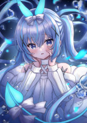 Rule 34 | 1girl, bare shoulders, blue eyes, blue hair, blue theme, blush, bow, commentary request, criss-cross halter, demon tail, fur-trimmed jacket, fur trim, gochuumon wa usagi desu ka?, hair between eyes, hair bow, hair ornament, halterneck, hands up, highres, jacket, kafuu chino, long hair, long sleeves, looking at viewer, multicolored hair, off-shoulder jacket, off shoulder, parted lips, petals, puffy long sleeves, puffy sleeves, sakuraume, seven deadly sins, shirt, solo, streaked hair, tail, tail bow, tail ornament, twintails, very long hair, water drop, white bow, white jacket, white shirt, x hair ornament