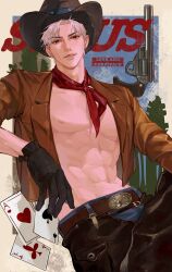 1boy abs ace_(playing_card) ace_of_hearts belt black_gloves brown_belt brown_jacket cactus card character_name cowboy_hat earrings gloves gun hat heart highres jacket jewelry leather leather_jacket leather_pants love_and_deepspace male_focus muscular muscular_male pants playing_card red_eyes red_scarf scarf smirk solo sylus_(love_and_deepspace) toned toned_male touheqishui5 weapon