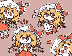 Rule 34 | 1girl, ascot, blonde hair, closed mouth, fang, fang out, flandre scarlet, four of a kind (touhou), frilled shirt collar, frilled skirt, frills, hands on own hips, hat, malrangdonut, mob cap, multicolored wings, open mouth, puffy short sleeves, puffy sleeves, red eyes, red footwear, red skirt, red vest, shirt, short sleeves, simple background, skirt, skirt set, socks, solid circle eyes, touhou, vest, white headwear, white shirt, white socks, wings, yellow ascot