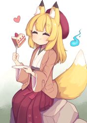 Rule 34 | 1girl, :t, ^ ^, absurdres, animal ears, beret, blonde hair, blush, brown jacket, cake, cake slice, closed eyes, closed mouth, commentary request, eating, feet out of frame, food, fork, fox ears, fox girl, fox tail, hakama, hakama skirt, hat, heart, highres, hitodama, holding, holding fork, holding plate, jacket, japanese clothes, kimono, long hair, long sleeves, obi, open clothes, open jacket, original, plate, red hakama, red hat, rock, saisoku no yukkuri, sash, short eyebrows, skirt, solo, tail, thick eyebrows, wavy mouth, white background, white kimono, wide sleeves