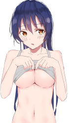 Rule 34 | 10s, 1girl, bare shoulders, blue hair, blush, breasts, brown eyes, clothes lift, highres, krswrb, large breasts, lifting own clothes, long hair, looking at viewer, love live!, love live! school idol project, navel, no bra, parted lips, simple background, solo, sonoda umi, tears, underboob, white background