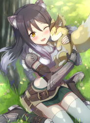Rule 34 | 1girl, animal ear fluff, animal ears, armor, armored boots, belt, black footwear, black gloves, black hair, blush, boots, breasts, creature, crop top, day, fingerless gloves, gloves, grass, green skirt, grey hair, highres, long hair, looking at viewer, midriff, miniskirt, multicolored hair, one eye closed, outdoors, princess connect!, seiji (artman), shiori (princess connect!), shirt, shoulder armor, sitting, skirt, small breasts, solo, thighhighs, tree, two-tone hair, vambraces, wariza, white shirt, yellow eyes
